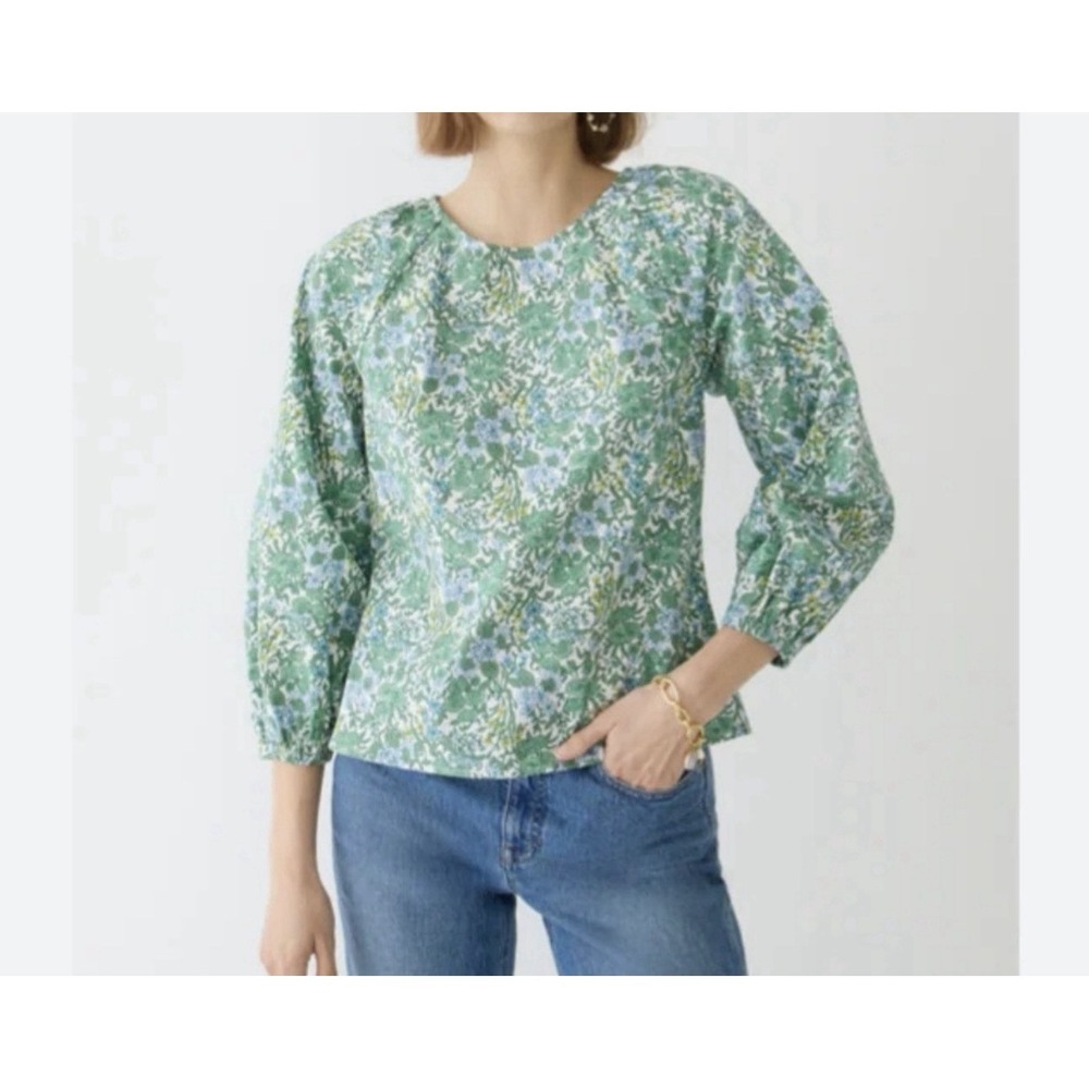 J.Crew Fete Floral Tie Back Top 4 Organic Cotton Poplin Puff Sleeve Springcore